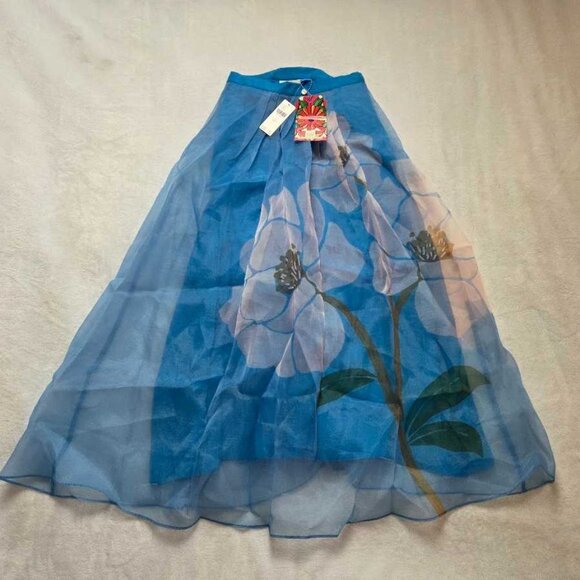 New XXS Farm Rio x Anthropologie Floral organza midi skirt in Blue Peony - Picture 4 of 9